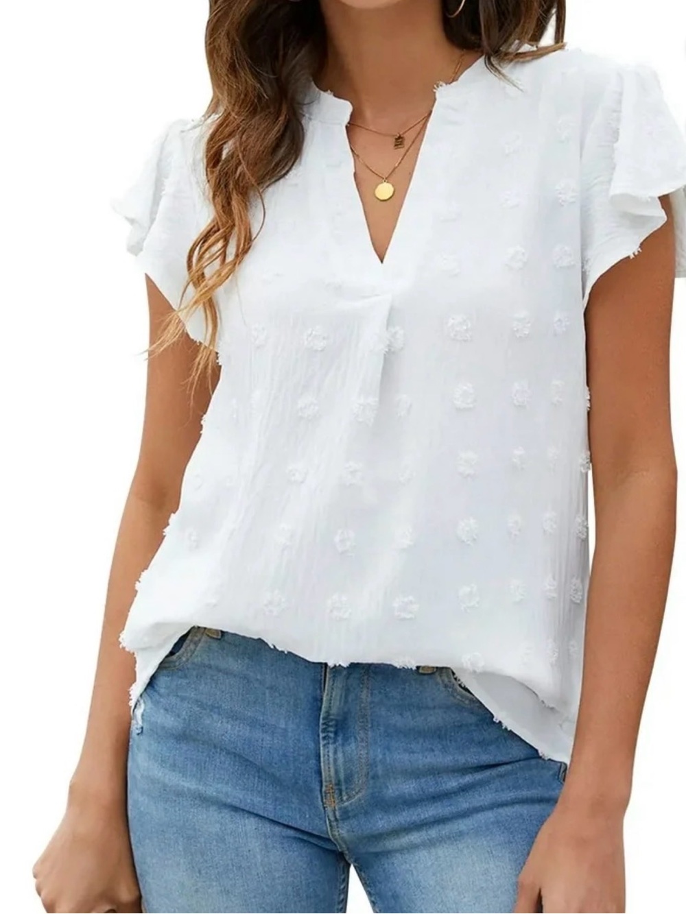 Fantaslook White Textured V-Neck Ruffle Sleeve Tunic Top